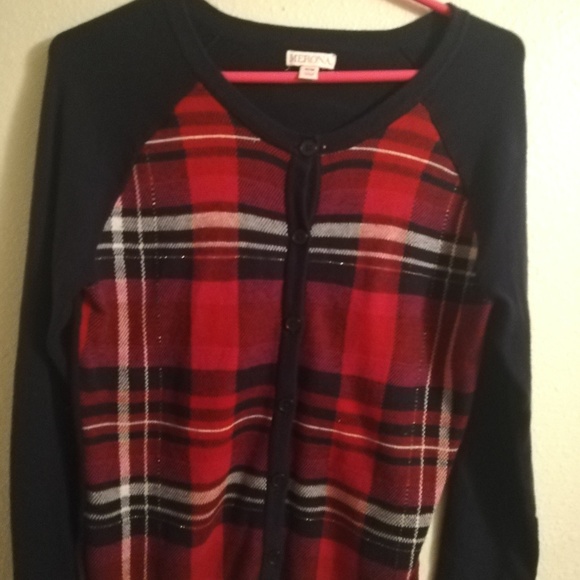 Cardigan with red, navy blue, white, and silver - Picture 2 of 3